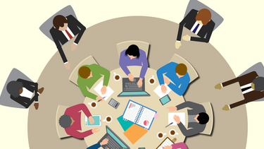 Illustration of a small team at a table sitting on top of a larger table with board members