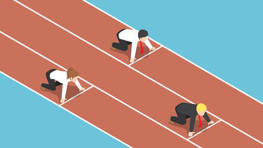 An illustration of people in business attire starting a race with one ahead of the others