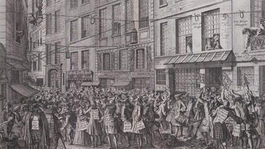 An 18th-century print of a crowded street