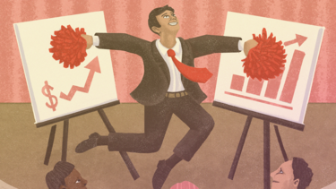 An illustration of an entrepreneur leaping in the air and wearing pom-poms while presenting