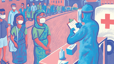 An illustration of people lined up for COVID checks in India