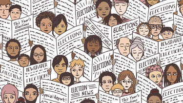 An illustration of people reading newspapers with election news. 