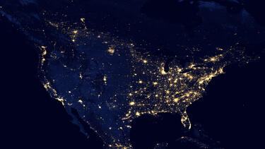 A satellite view of North America at night
