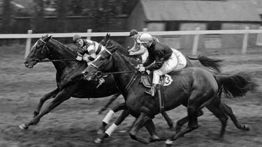 A vintage photo of a horse race