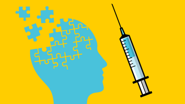 An illustration of a puzzle in the shape of a head and a syringe