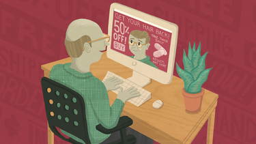 An illustration of a bald man looking at an ad for a hair growth product that includes a version of himself with hair