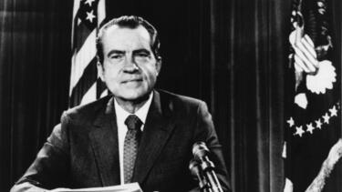 President Richard Nixon giving a television address 