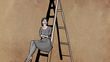 A drawing of a woman sitting toward the bottom of a ladder