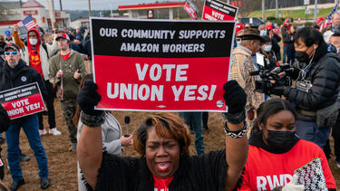 A rally supporting unionization for Amazon workers in Bessemer, Alabama, in February 2022. 