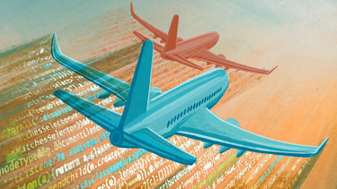 An illustration of airplanes with algorithms in their wake