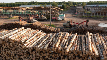 An aerial view of a stack of timber