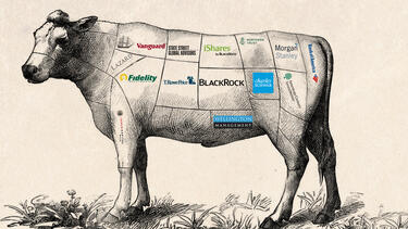 Illustration of cow carved up for butchering but with Investment Bank names describing pieces
