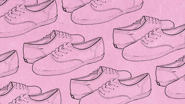 Several pairs of sneakers illustrated with a pink overlay