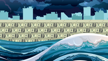 An illustration of rising seas being held back by a wall of money
