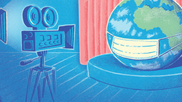 An illustration of a the planet earth wearing a mask in a TV studio