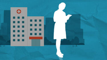 Illustration of a hospital and a person reading a bill