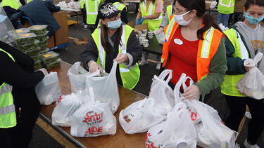A food bank distributing food at an event on May 8, 2020, in Massapequa, New York. Photo: Bruce Bennett/Getty Images.