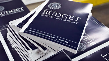 A pile of bound copies of the federal budget
