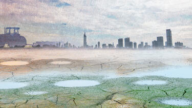 Illustration of dried up lake with Toronto cityscape in the distance