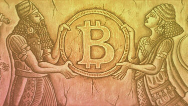 A drawing of a wall carving showing ancient people exchanging Bitcoin