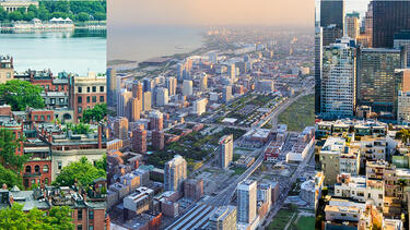 Aerial photos of, from left, Boston, Chicago, and San Francisco