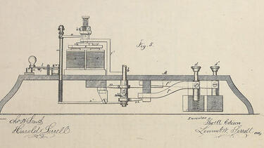 A drawing of an improved telegraph machine from an 1869 patent application by Thomas Edison.