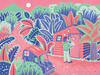 An illustration of a public-health worker knocking on a door in the jungle