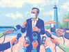 An illustration of Governor Ned Lamont speaking to the press wearing a mask on the beach