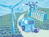 An illustration of an electric car moving through a landscape of wind turbines