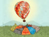 A balloon tethered to the ground with sandbags labeled with the names of mutual fund companies