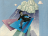 An illustration of a graduate trying to escape a storm of debt while running on top of credit cards.