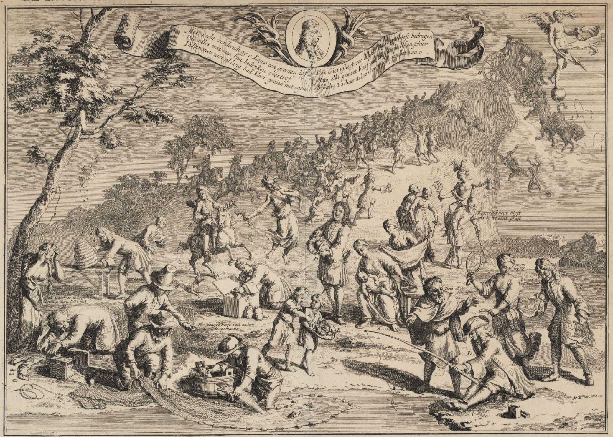 An 18th-century print of people chasing fortune off a cliff