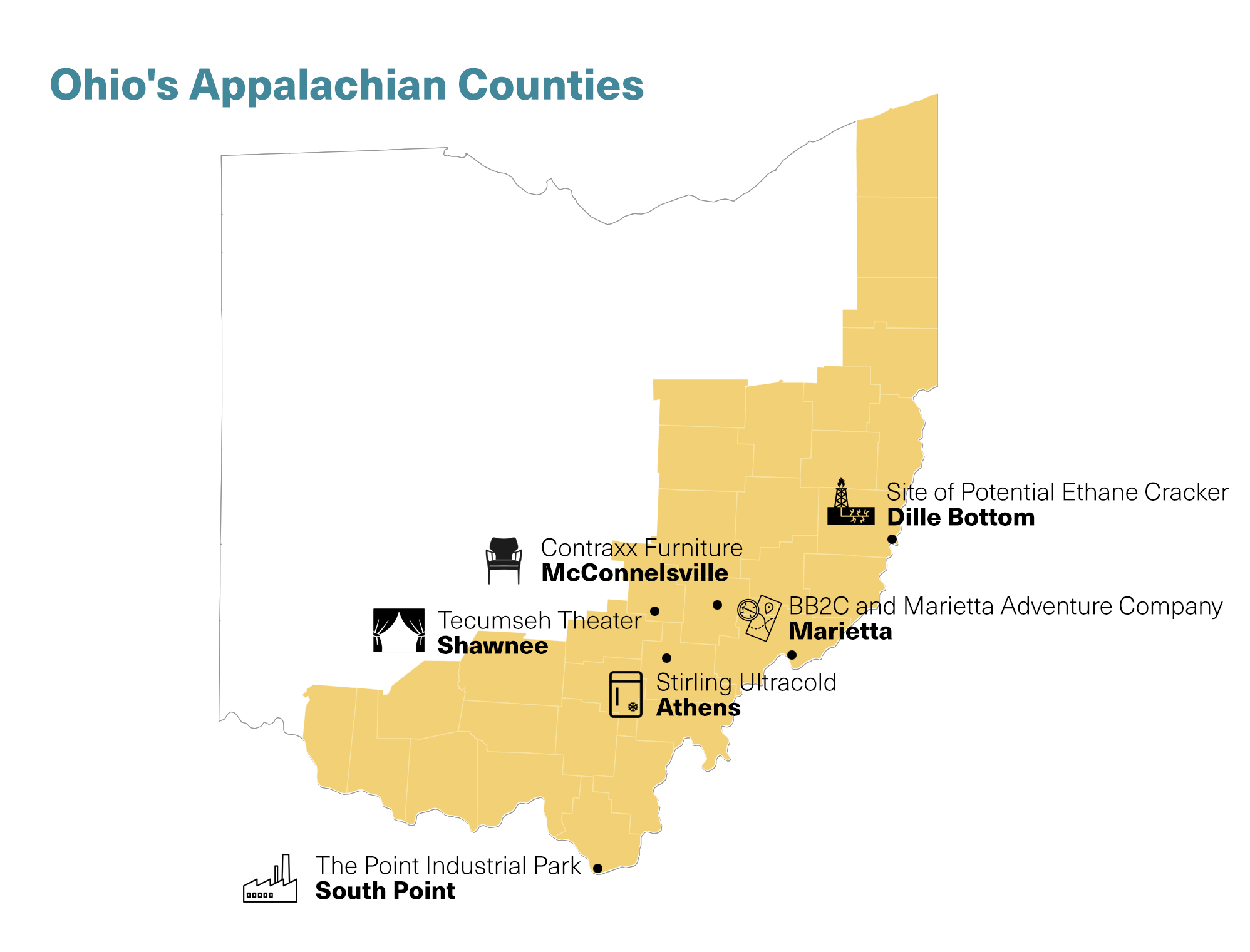 Map of Appalachian Ohio showing locations of businesses