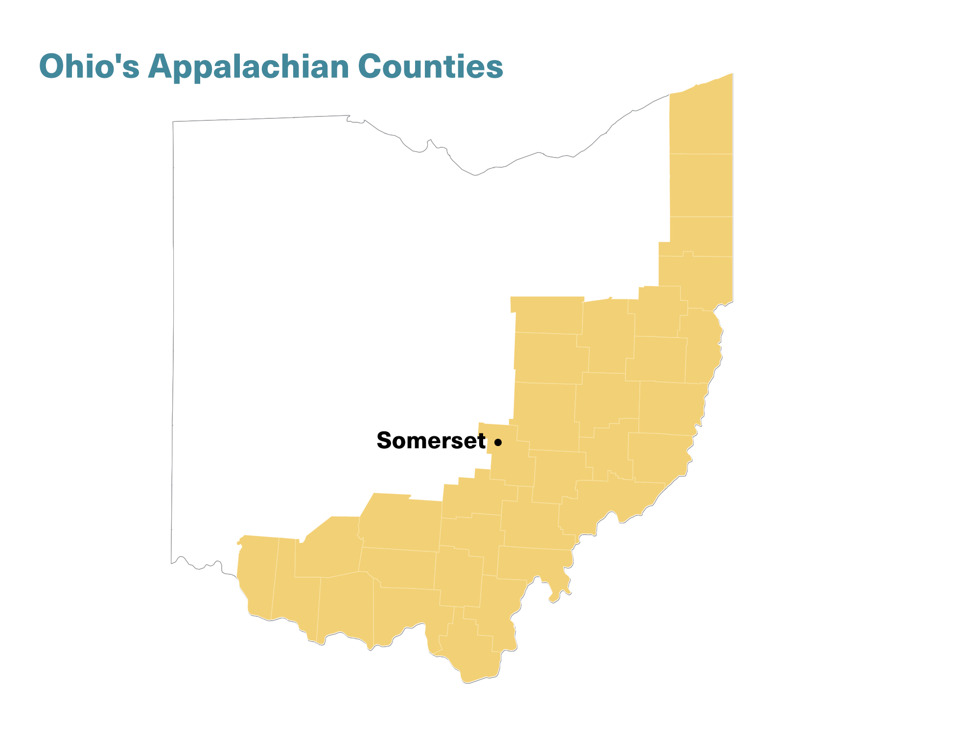 Location of Somerset, Ohio, on a map of Appalachian Ohio