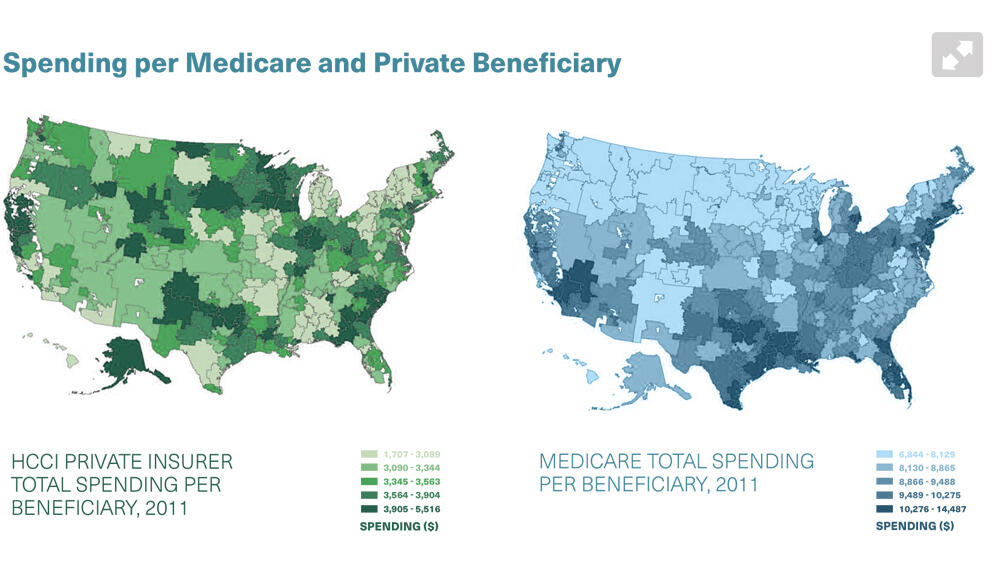 Two maps of spending per Medicare and private beneficiary