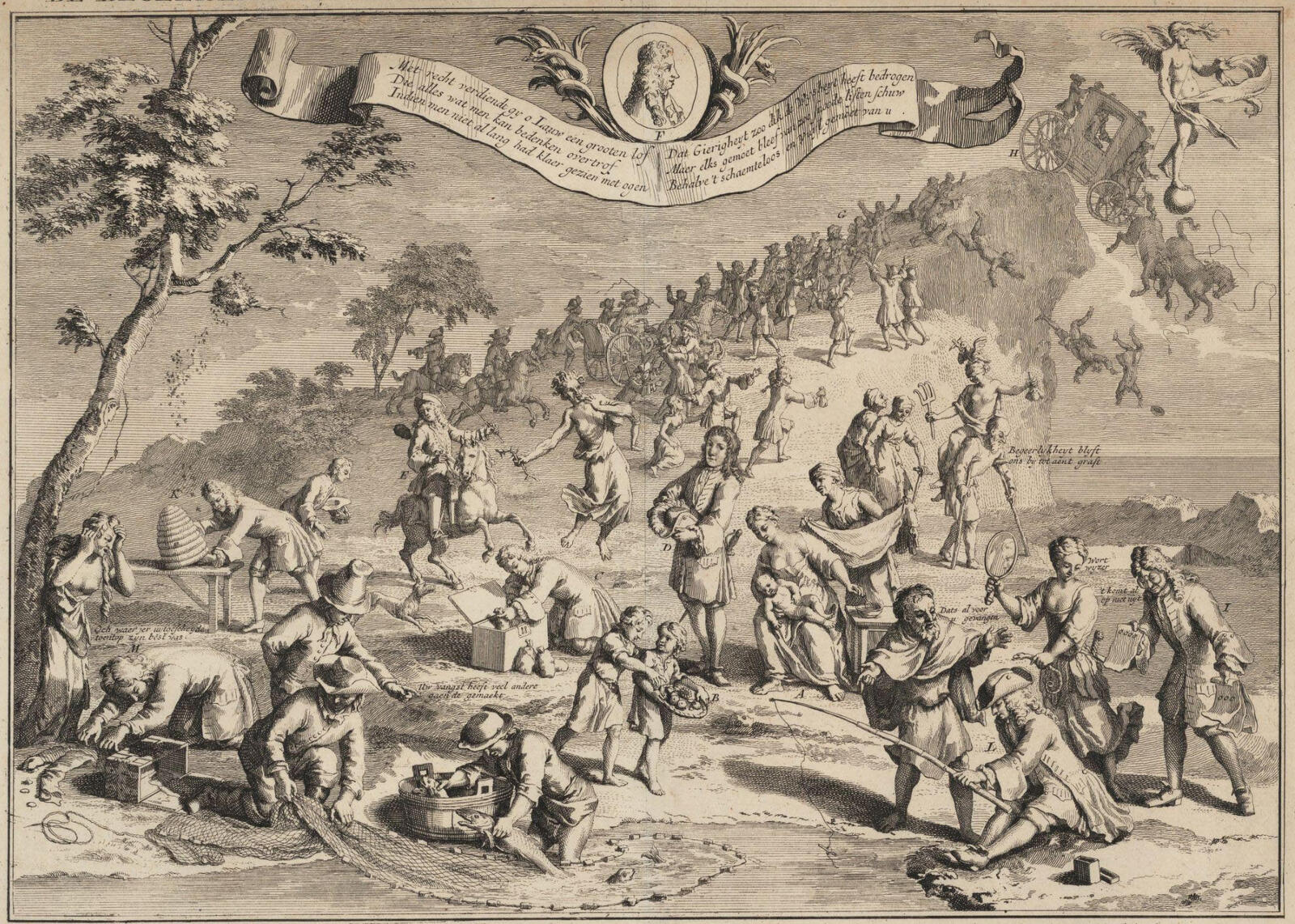 An 18th-century print of people chasing fortune off a cliff