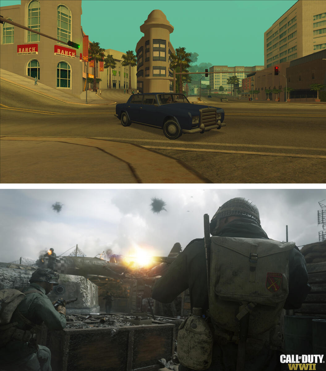 Still images from Grand Theft Auto: San Andreas, the bestselling game of 2004, and Call of Duty: WWII, the bestselling game of 2017.