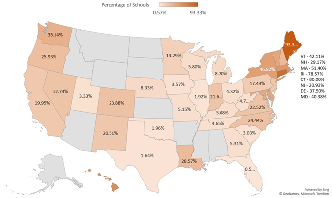 A map showing the percentage of colleges and universities with vaccine mandates in each state