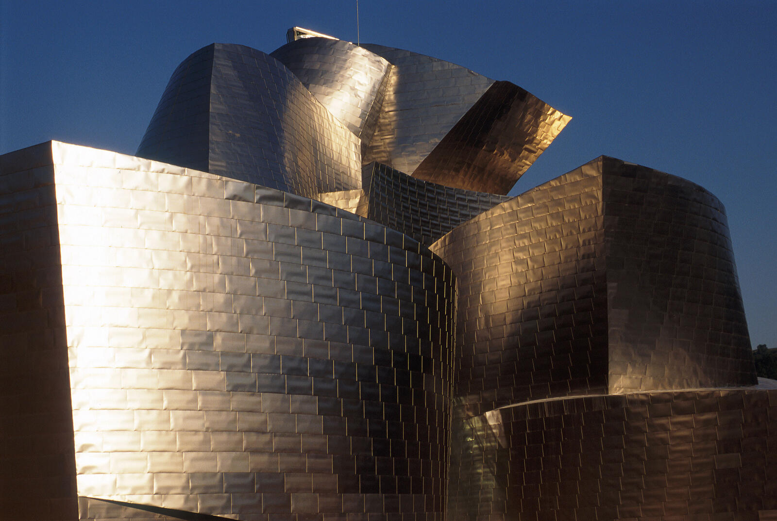 The Guggenheim Bilbao reflecting golden light