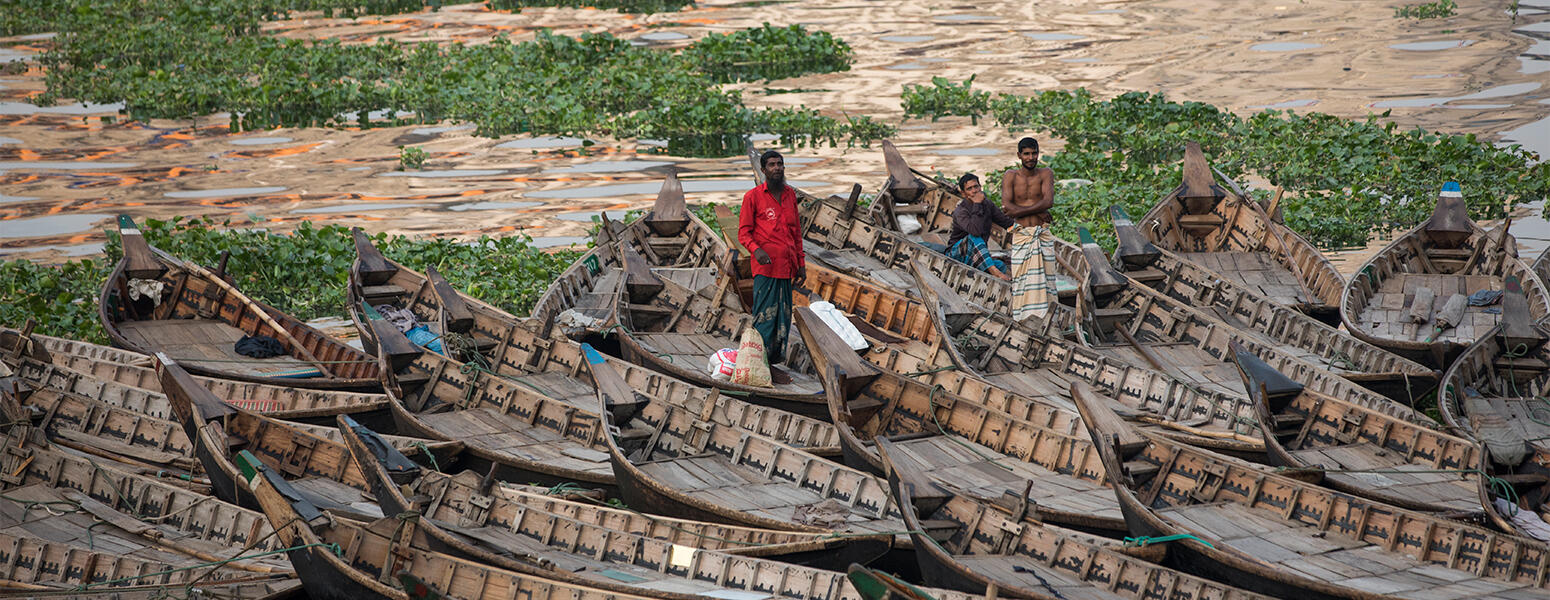 Idled boats on the shore of Buriganga River in Dhaka, Bangladesh, on March 31. Photo: Ahmed Salahuddin/NurPhoto via Getty Images.