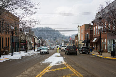 Downtown McConnelsville, Ohio. The downtowns, particularly in county seats, remain community hubs in this heavily rural region.