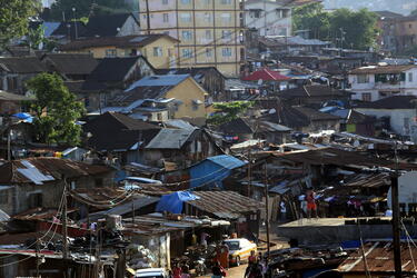Housing in Freetown, Sierra Leone. After the floods of September, 2016, an estimated 6,000 people had to take shelter in the National Stadium.