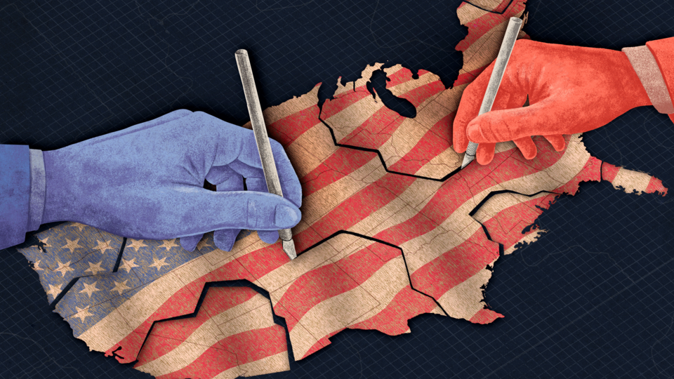 An illustration of a U.S. flag in the shape of the U.S. being carved up by red and blue hands with scalpels