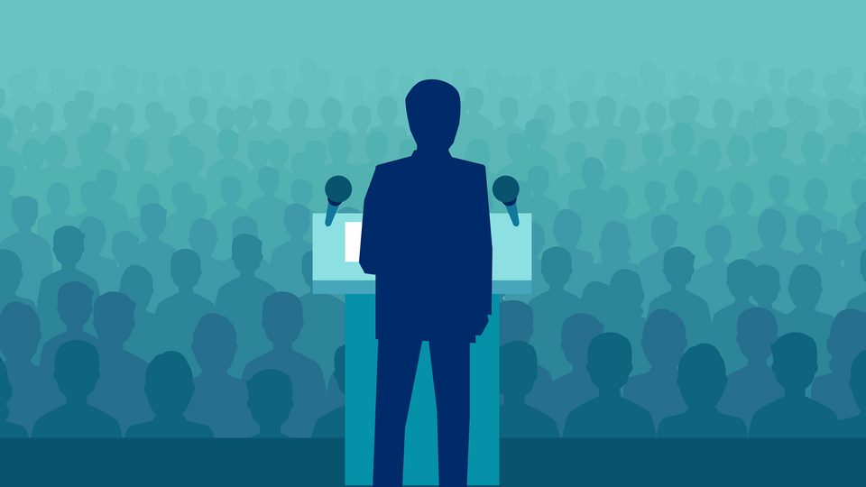 An illustration of a CEO speaking to a crowd