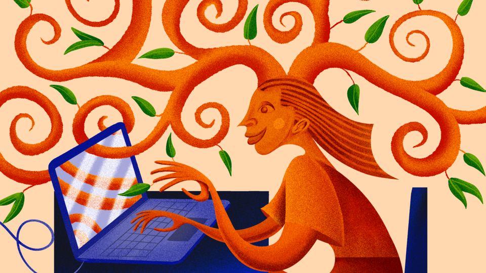 An illustration of a person at a computer with trees growing out of their head and fingers
