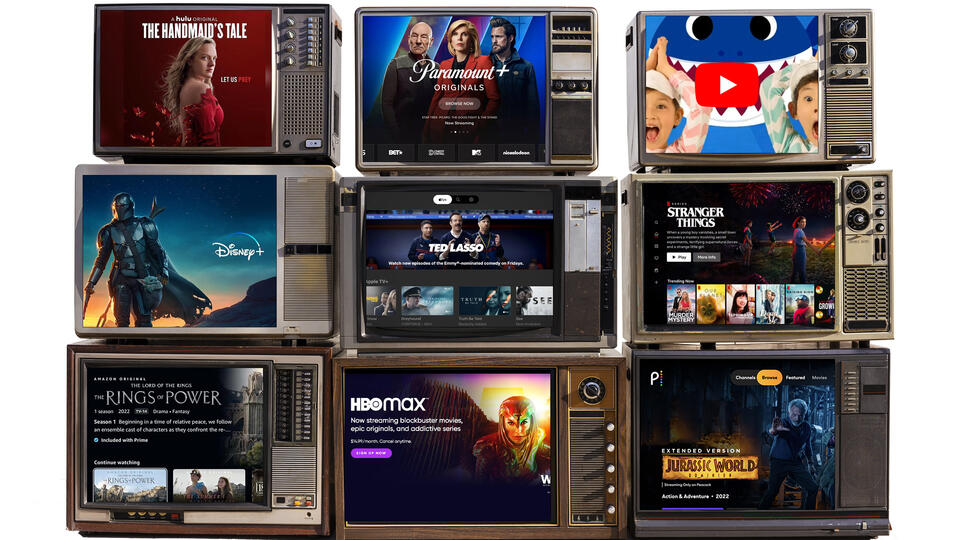 An illustration of streaming services showing on several old televisions