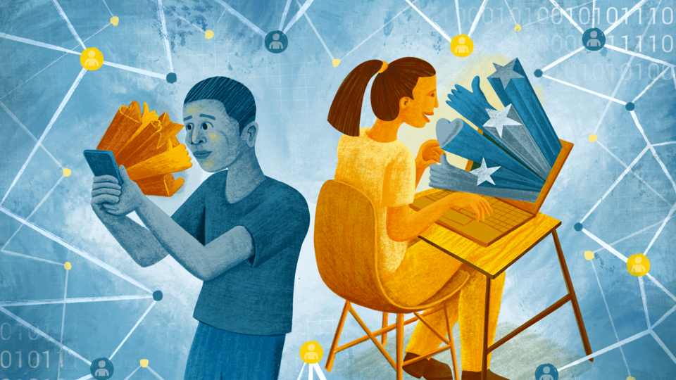 An illustration of people looking at devices and being rewarded with likes and other reactions