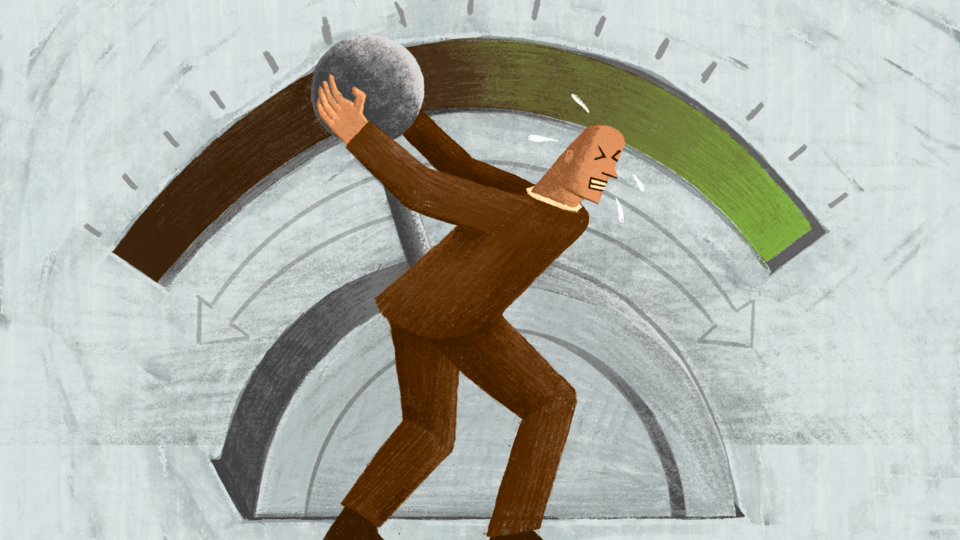 An illustration of a person in a brown suit trying to move a lever toward green.