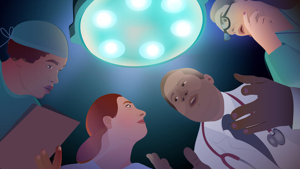 An illustration of doctors and nurses discussing care in surgery