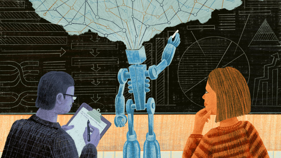 An illustration of researchers watching a robot write on a blackboard